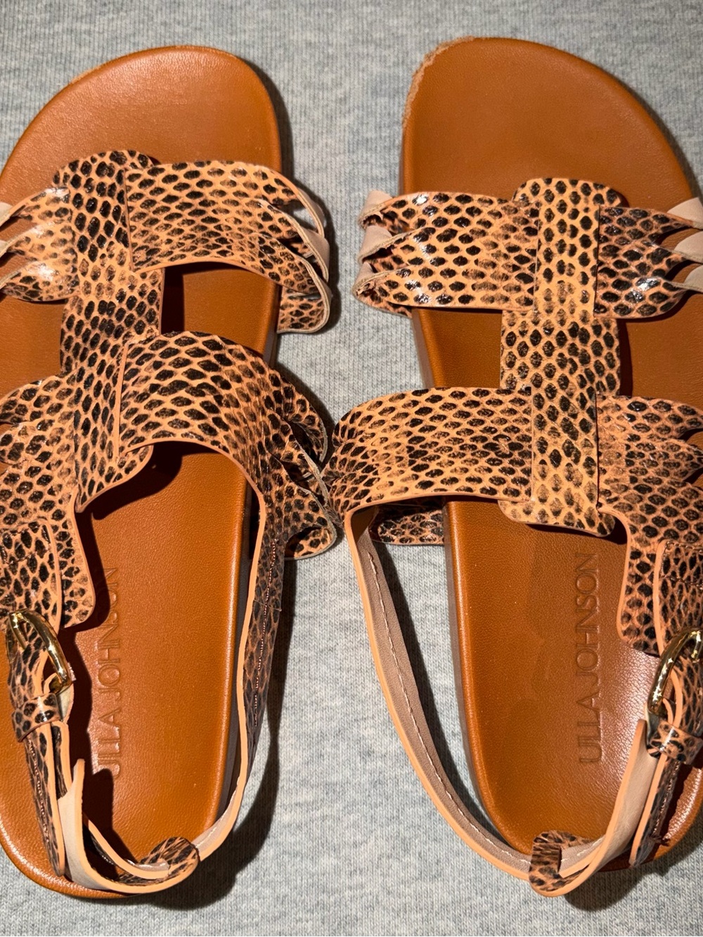 Ulla Johnson Tan and Black Snake-Print Leather Slide Sandals